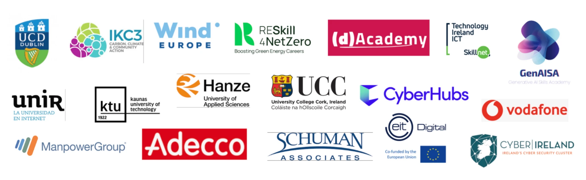 Partner and client logos including UCD, IKC3, WindEurope, ReSkill4NetZero, (d)Academy, Technology Ireland ICT Skillnet, GenAISA, UNIR, KTU, Hanze, UCC, CyberHubs, Vodafone, ManpowerGroup, Adecco, Schuman Associates, EIT Digital and Cyber Ireland